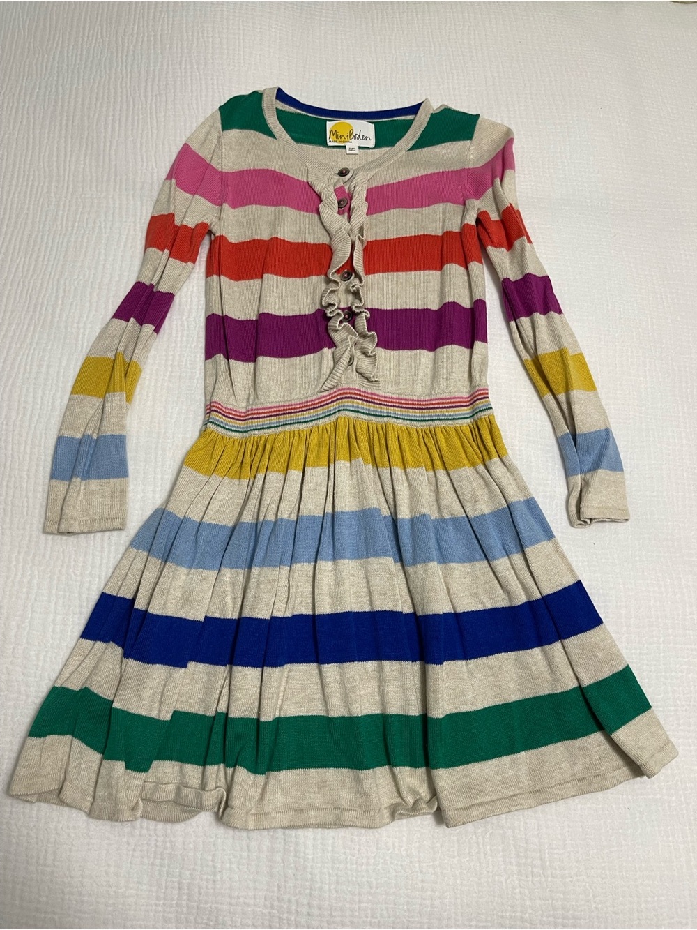 Mini Boden Cream Knit Dress with Multicolor Stripes Sz 7-8